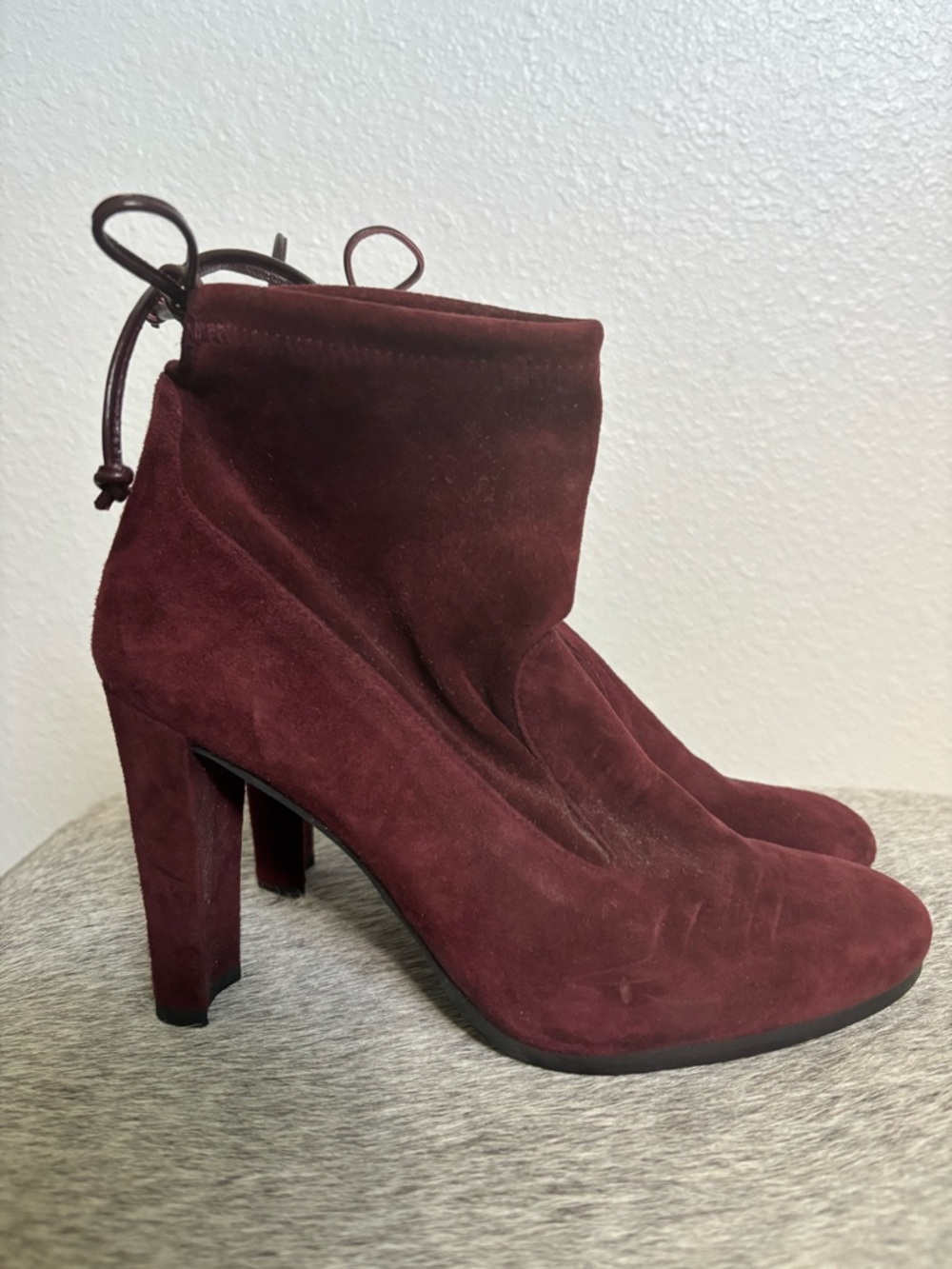 Stuart Weitzman Burgundy Suede Ankle Booties with Back Tie